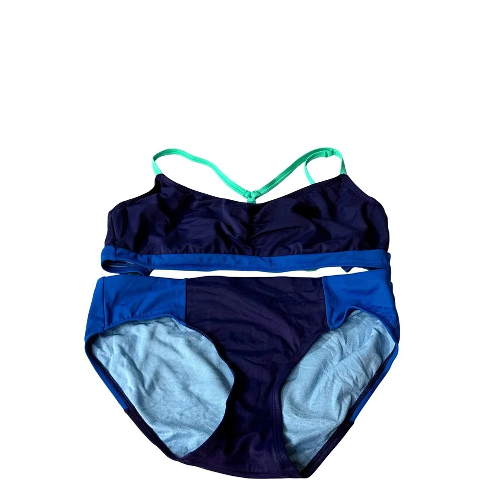 Title Nine Blue Colorblock Bikini Set 34D Underwire Top Sz M Bottoms